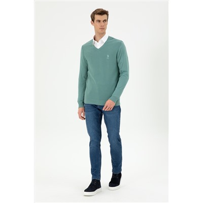 Erkek Slim Fit V Yaka Mint Basic Kazak