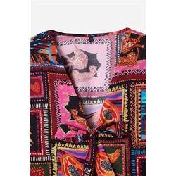 Çok Renkli Tropikal Desenli Bağlama Detaylı Beachwear Büyük Beden Alt-Üst Takım TBBSS25CP00001