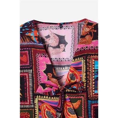 Çok Renkli Tropikal Desenli Bağlama Detaylı Beachwear Büyük Beden Alt-Üst Takım TBBSS25CP00001