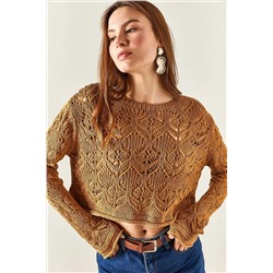 Olalook Kadın Bisküvi Sırtı Kesik Detaylı Ajurlu Crop Triko Bluz BLZ-19002325