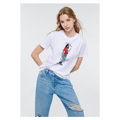 Mavi Baskılı Beyaz Tişört Slim Fit / Dar Kesim 1611304-620