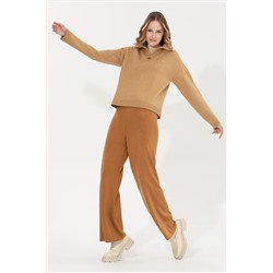 Kadın Camel Melanj Loose Fit Triko Pantolon