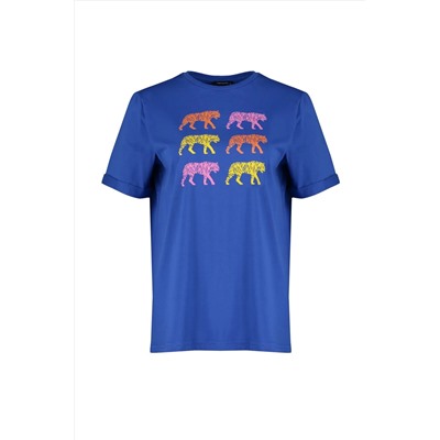 Mavi Bisiklet Yaka Baskılı %100 Pamuk Örme T-Shirt TBBSS22TS2095