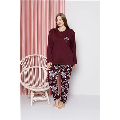 AHENGİM Kadın Pijama Takımı Büyük Beden Şal Desenli Battal Pamuklu Mevsimlik W40022286 1-2-10001227