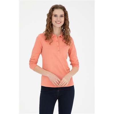 Kadın Somon Basic Polo Yaka Sweatshirt