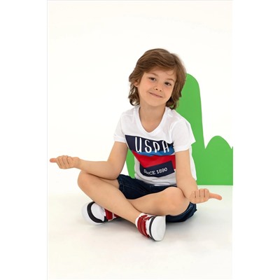 Erkek Çocuk Beyaz Bisiklet Yaka Tişört