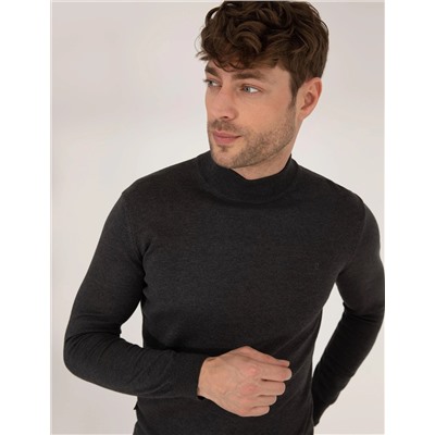 Antrasit Melanj Slim Fit Yarım Balıkçı Basic Triko Kazak