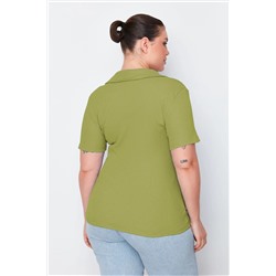 Yeşil Polo Yaka Vücuda Oturan Fitilli Örme Bluz TBBSS22BZ0750