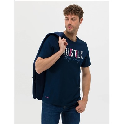Lacivert Slim Fit Baskılı Bisiklet Yaka Tişört