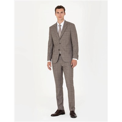 Açık Kahverengi Slim Fit Ekose Takım Elbise