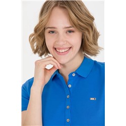 Kadın Saks Polo Yaka Örme Elbise