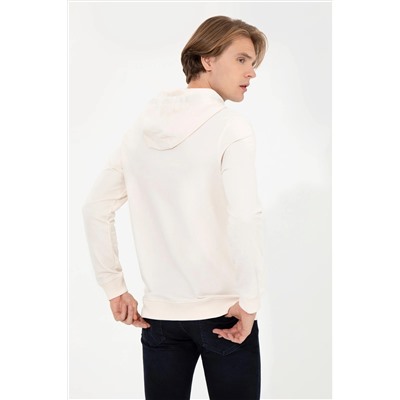 Erkek Ekru Kapüşonlu Basic Sweatshirt