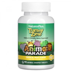 NaturesPlus, Source of Life, Animal Parade, Tummy Zyme с активными ферментами, цельными продуктами и пробиотиками, натуральный вкус тропических фруктов, 90 таблеток в форме животных