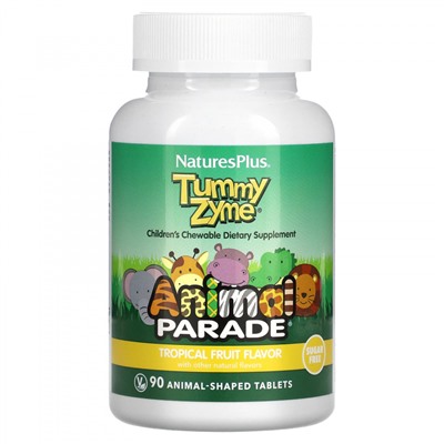 NaturesPlus, Source of Life, Animal Parade, Tummy Zyme с активными ферментами, цельными продуктами и пробиотиками, натуральный вкус тропических фруктов, 90 таблеток в форме животных