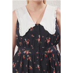 Çok Renkli Çiçekli Poplin %100 Pamuk Bebe Yaka Midi Dokuma Büyük Beden Elbise TBBSS25AH00158