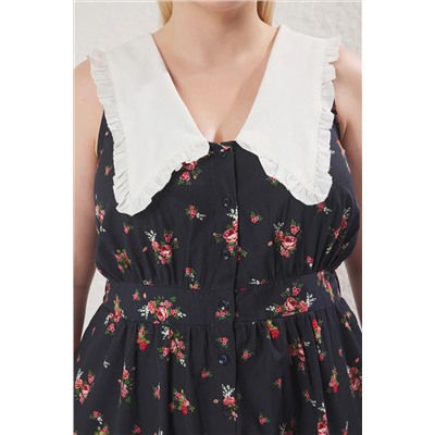 Çok Renkli Çiçekli Poplin %100 Pamuk Bebe Yaka Midi Dokuma Büyük Beden Elbise TBBSS25AH00158