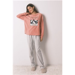 Pijama largo polar suave rosa y gris Pingu