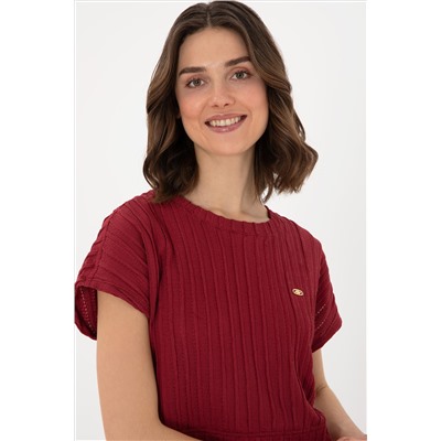 Kadın Vişne Crop Bisiklet Yaka Tişört