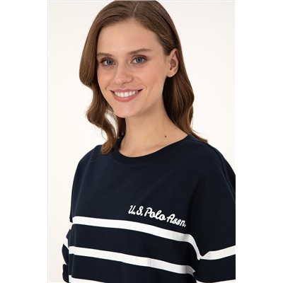 Kadın Lacivert Çizgili Bisiklet Yaka Sweatshirt