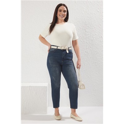 Trendyol Curve Koyu Mavi Yüksek Bel Destroy Detaylı Esnek Skinny Jeans TBBSS25CJ00011