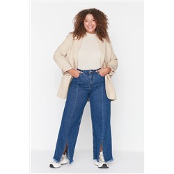 Trendyol Curve Koyu Mavi Yüksek Bel Paçası Yırtmaçlı Wideleg Jeans TBBAW23CJ00043