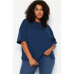 Trendyol Curve Lacivert Yaka Ribanalı Geniş Kalıp Basic Örme Tshirt TBBSS23BF00017