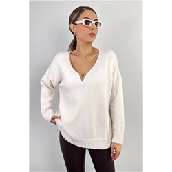 Ritnice Kadın Classy V Metal Aksesuar Detay Yumuşak Doku Triko Kazak 1269