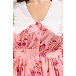 Pembe  Çiçekli Poplin %100 Pamuk Bebe Yaka Midi Dokuma Büyük Beden Elbise TBBSS25AH00158