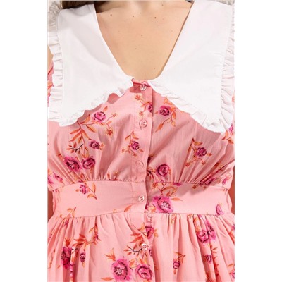 Pembe  Çiçekli Poplin %100 Pamuk Bebe Yaka Midi Dokuma Büyük Beden Elbise TBBSS25AH00158