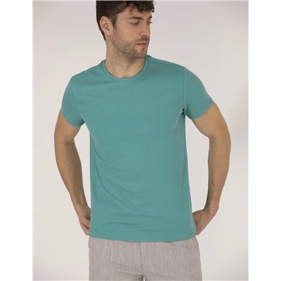 Yeşil Slim Fit Jakarlı Bisiklet Yaka Tişört