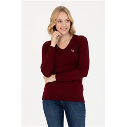 Kadın Bordo V - Yaka Basic Kazak