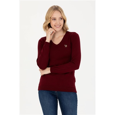 Kadın Bordo V - Yaka Basic Kazak