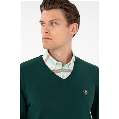 Erkek Slim Fit V Yaka Yeşil Basic Kazak