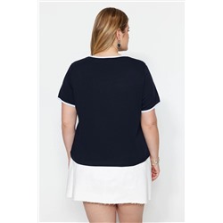 Lacivert Slogan Baskılı Crop Boy %100 Pamuk Örme Büyük Beden T-shirt TBBSS23BF00011