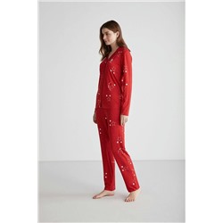 U.S. Polo Assn. Kadın %100 Pamuklu Kırmızı Yıldız Desenli Boydan Patlı Düz Paça 2'li Pijama Takımı 26980