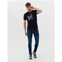 Siyah Slim Fit Baskılı Bisiklet Yaka Tişört