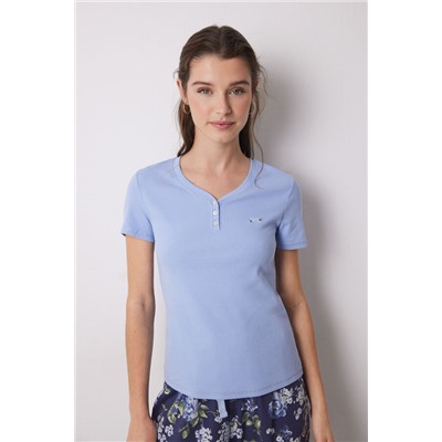 Pijama largo 100% algodón canalé azul flores