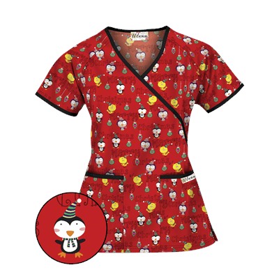UA Christmas Chicks Red Mock Wrap Scrub Top