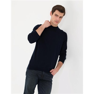 Lacivert Slim Fit Çeyrek Yaka Basic Triko Kazak