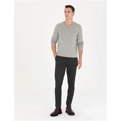 Açık Gri Melanj Slim Fit Bisiklet Yaka Basic Triko Kazak