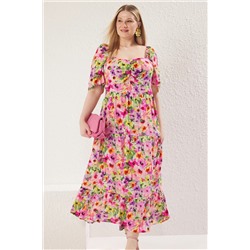 Çok Renkli-Pembe Çiçek Desenli Dokuma Fırfır Detaylı Elbise TBBSS22EL1600