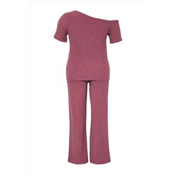 Mürdüm Asimetrik Yaka Fitted Bürümcük Dokulu Kumaş Örme Büyük Beden Alt-Üst Takım TBBSS25CP00006