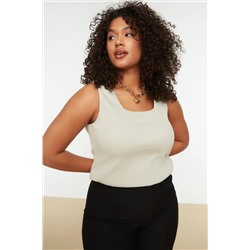 Bej Basic Fitilli Kare Yaka Örme Büyük Beden Atlet TBBSS22AL0011