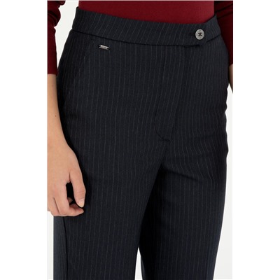 Kadın Lacivert Çizgili Slim Flare Fit Kanvas Pantolon