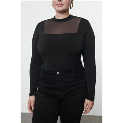 Siyah Fitted/Vücuda Oturan Tül Detaylı Uzun Kollu Dik Yaka Esnek Çıtçıtlı Örme Body TBBAW25CS00003