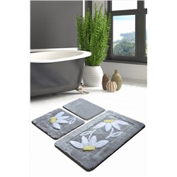 Chilai Home DAISY GRİ 3 LU SET Klozet Takımı, Banyo Paspas Seti Halısı 8682125935508