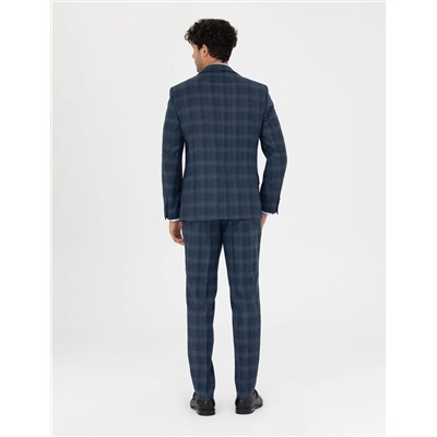 %100 Yün Ekose Lacivert Ekstra Slim Fit Takım Elbise