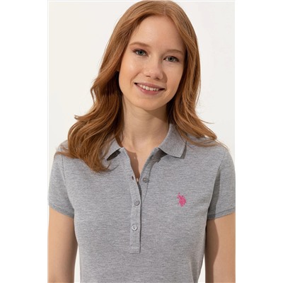 Kadın Gri Melanj Basic Polo Yaka Tişört