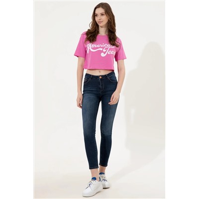 Kadın Pembe Bisiklet Yaka Crop Tişört