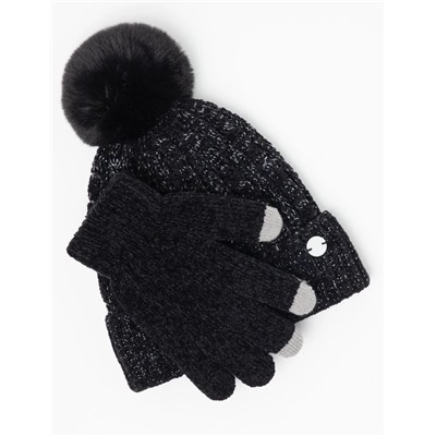LADIES POM POM FLEECE BEANIE AND GLOVE SET